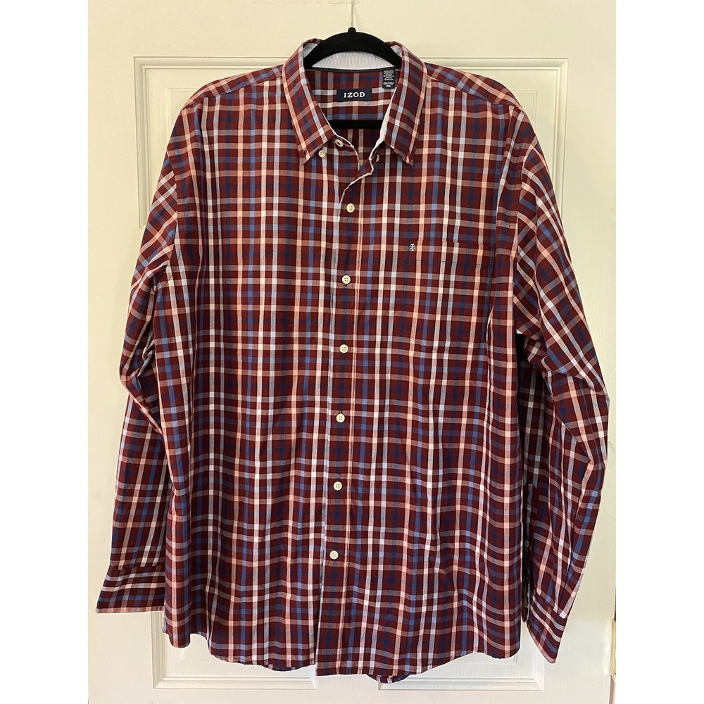 IZOD Men's Long Sleeve Button‎ Down Red With Blue Plaid Dress Shirt SZ XXL